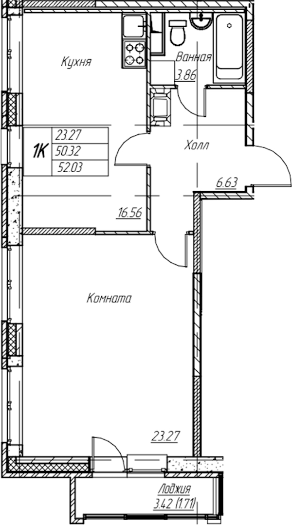 1-комнатная квартира 52.03 м², 21/22 эт., ЖК «Парк-квартал Юнтолово»